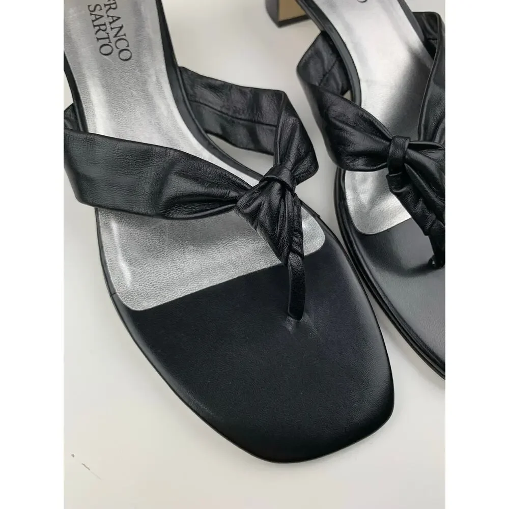Franco Sarto Plush Sandals Slip On Black Leather Thong Heels Women's 8.5